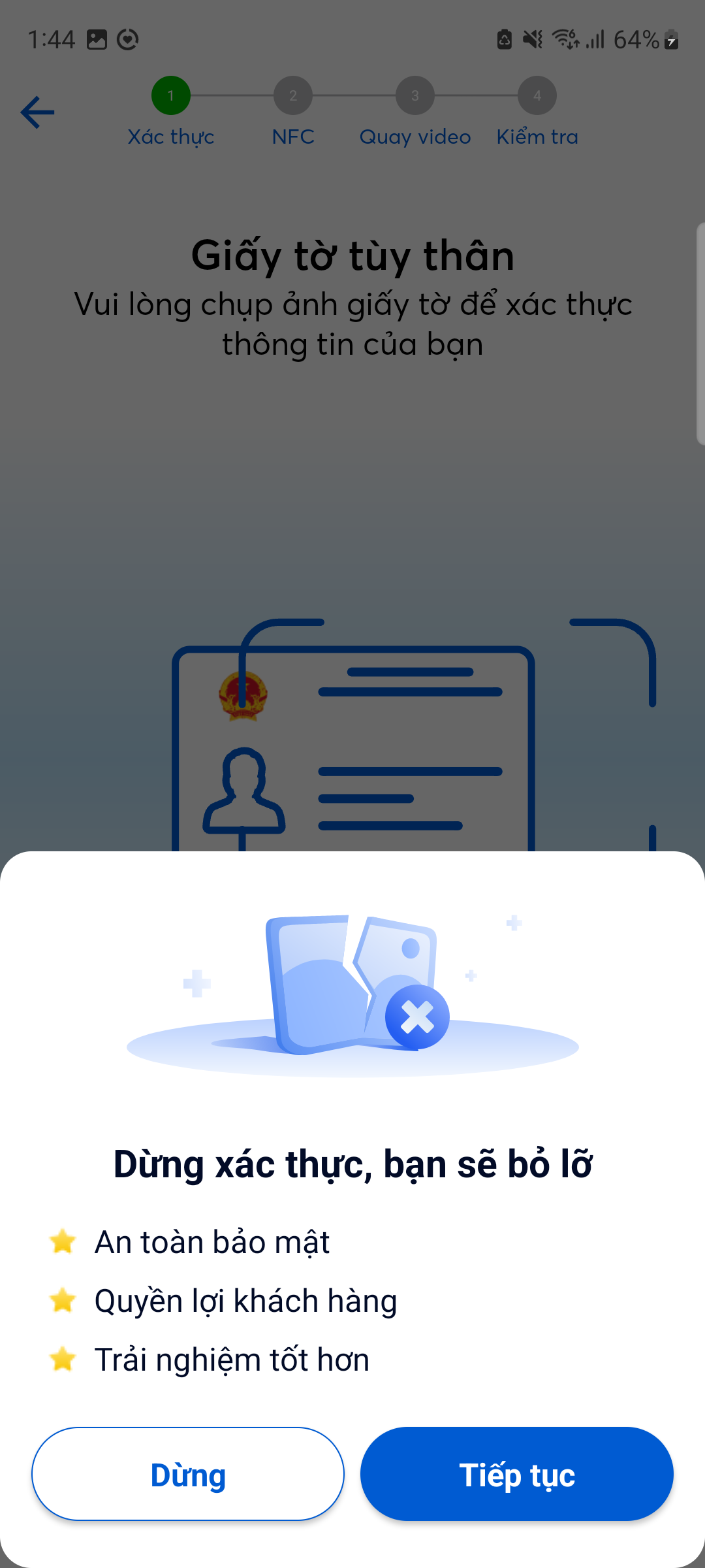 Ví dụ hộp thoại xác nhận thoát luồng eKYC