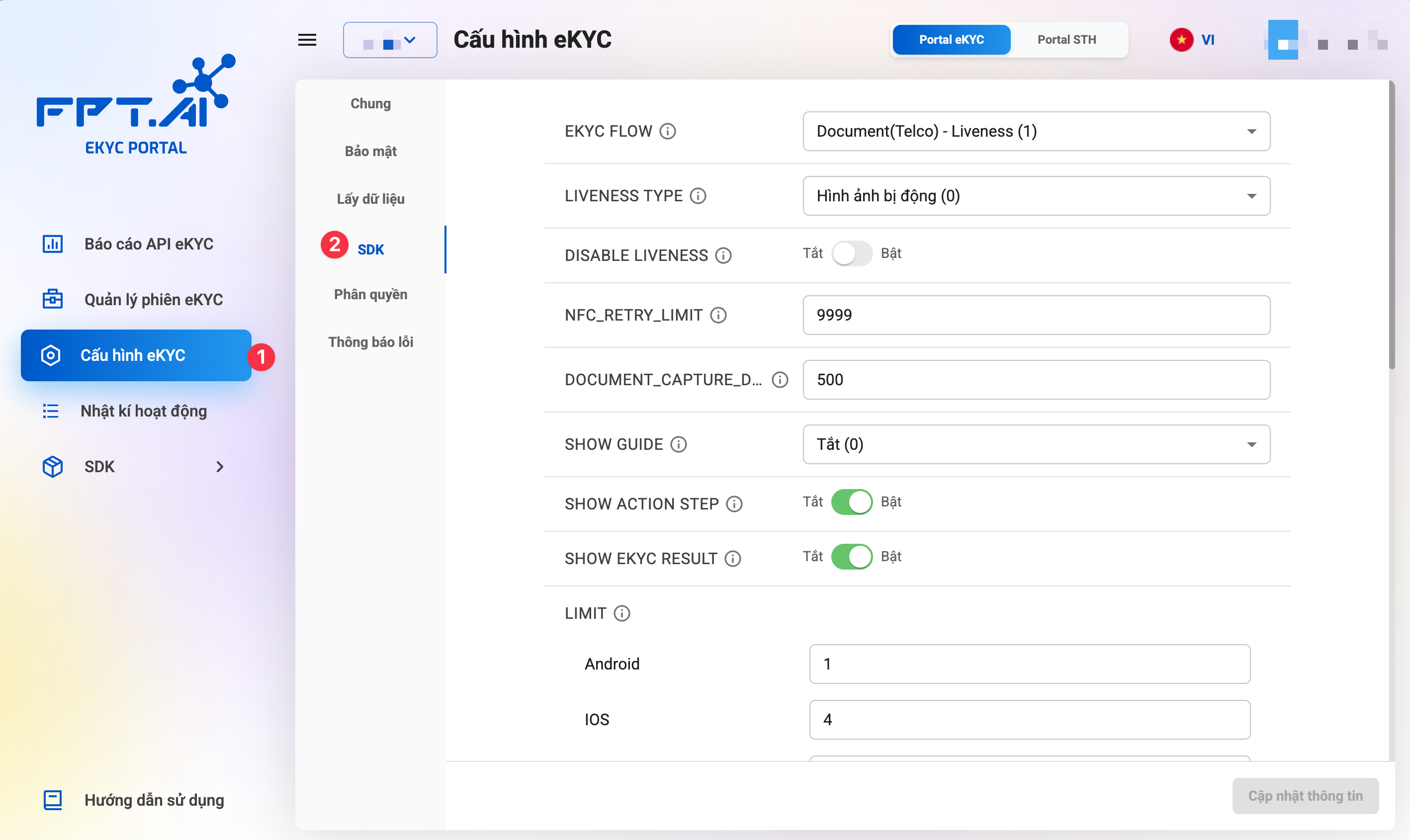 Trang cấu hình SDK