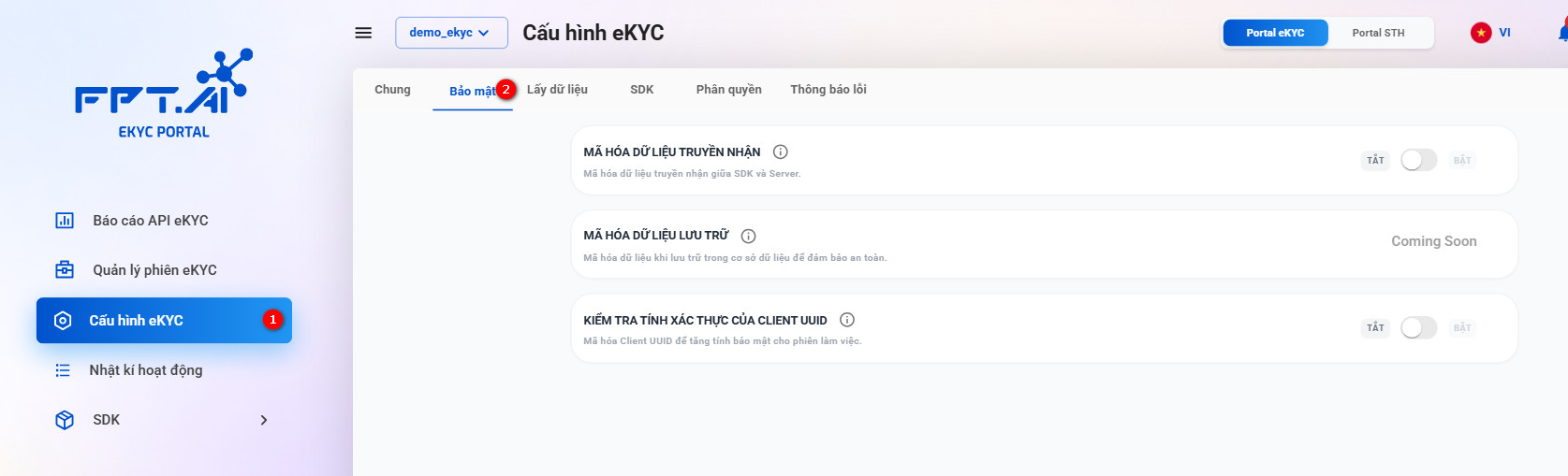 Trang cấu hình bảo mật